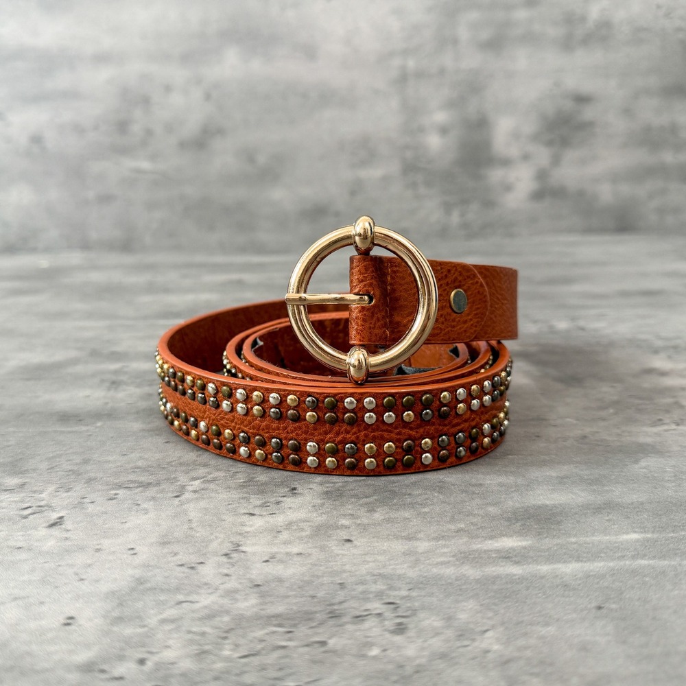 Vintage VTG Y2K 2000s 00s Brown Studded Leather Belt Western Punk Rhinestone